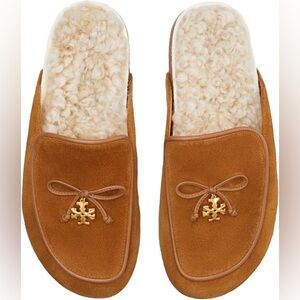 Tory Burch Tory Charm Chestnut Suede Shearling-Lined Mule Slippers Size 6